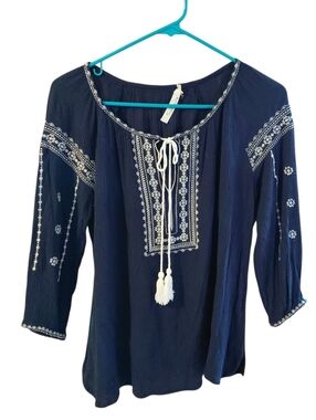 Solitaire Navy Boho Peasant Top with White Embroidered Yoke and Tassels Size S